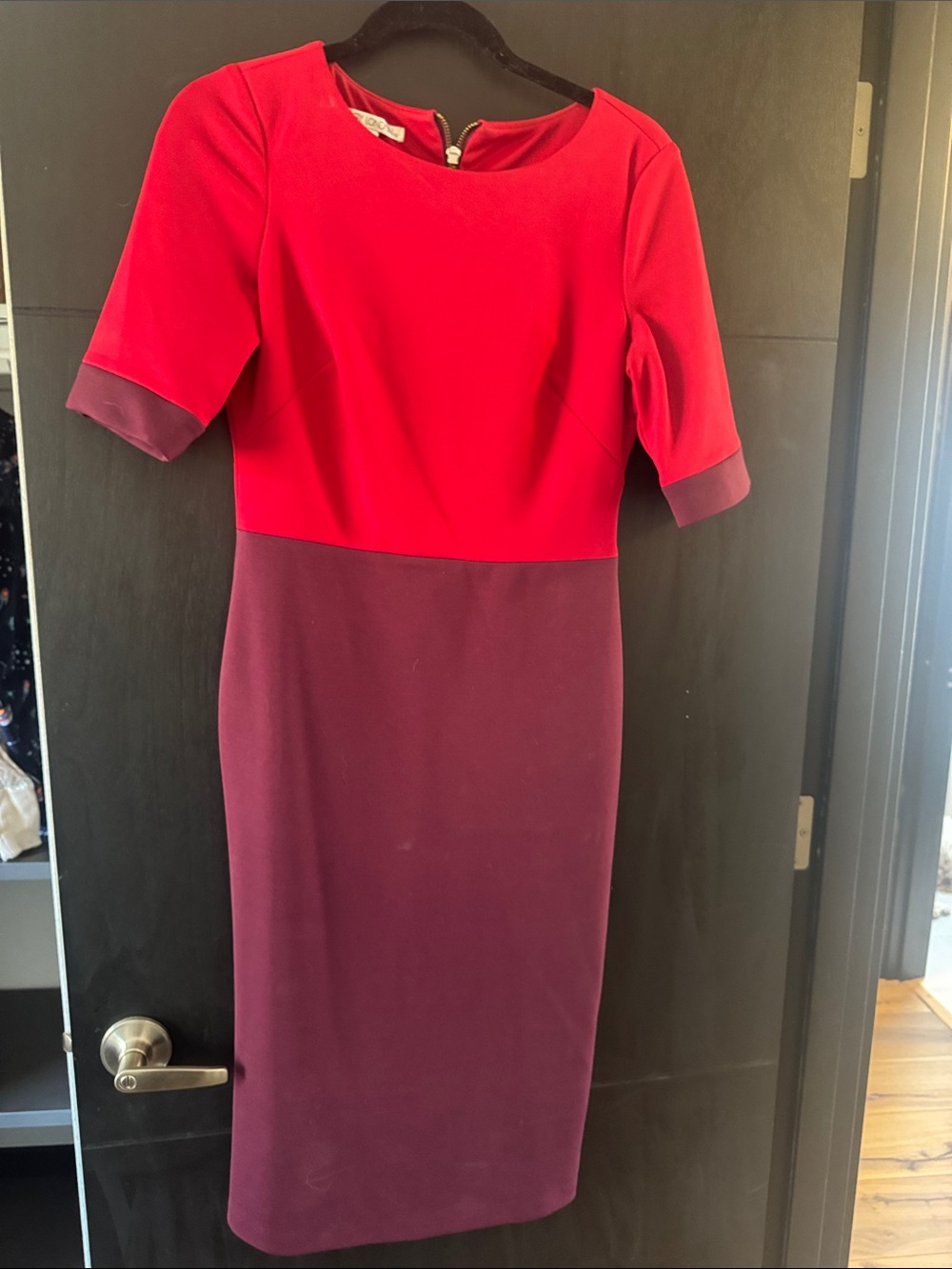 Maggy London Red and Plum Colorblock Midi Sheath Dress